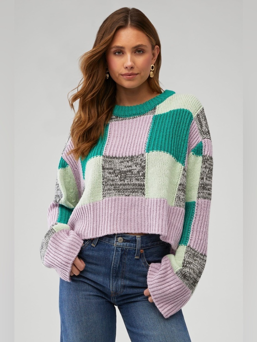 For Love & Lemons Colorblock Sweater Chunky Knit Cropped Oversized 25232